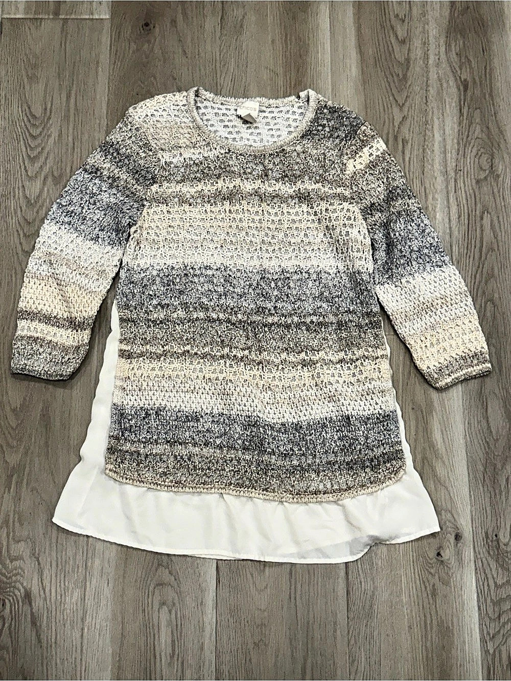 Chico’s Layered Look Sweater Tunic Gray Ivory Textured Knit Size 1